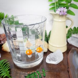 Yellow/Orange Mushroom & Blossom Fairy Earrings - Stainless Steel - Handmade